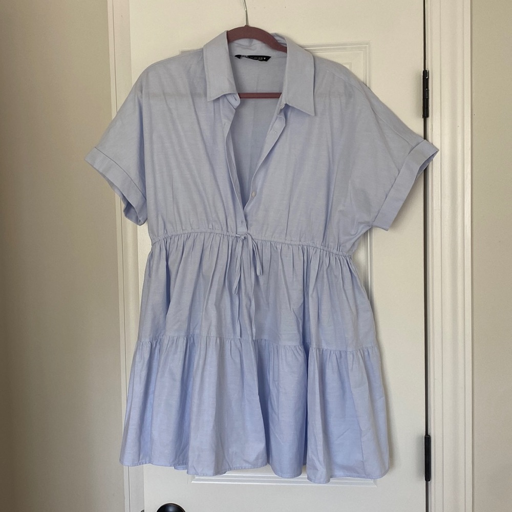 Zara Light Blue Short Sleeve Tiered Shirt Dress